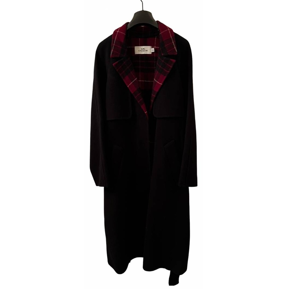 Women’s Coach Relaxed fit large Never Worn Wool Belted Trench Red Plaid Trim - Picture 8 of 11